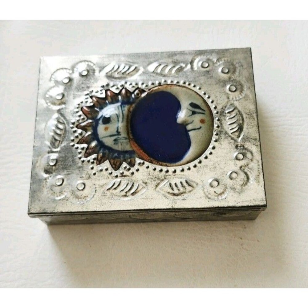 Vintage Celestial Moon Sun Pottery Aluminum Jewelry Trinket Box RARE